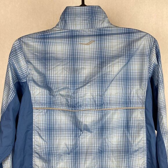 Saucony Windbreaker Jacket Womens Sz Small Vented Zip Front Blue Plaid Athletic - Picture 7 of 12